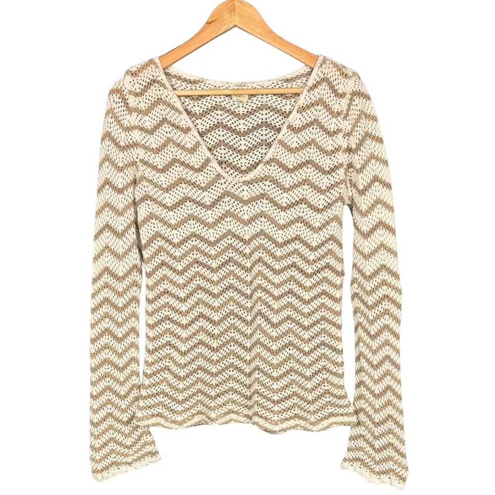O’Neill Sweater Womens Crochet Open-Knit V-Neck Flared-Sleeve Chevron Medium Y2K